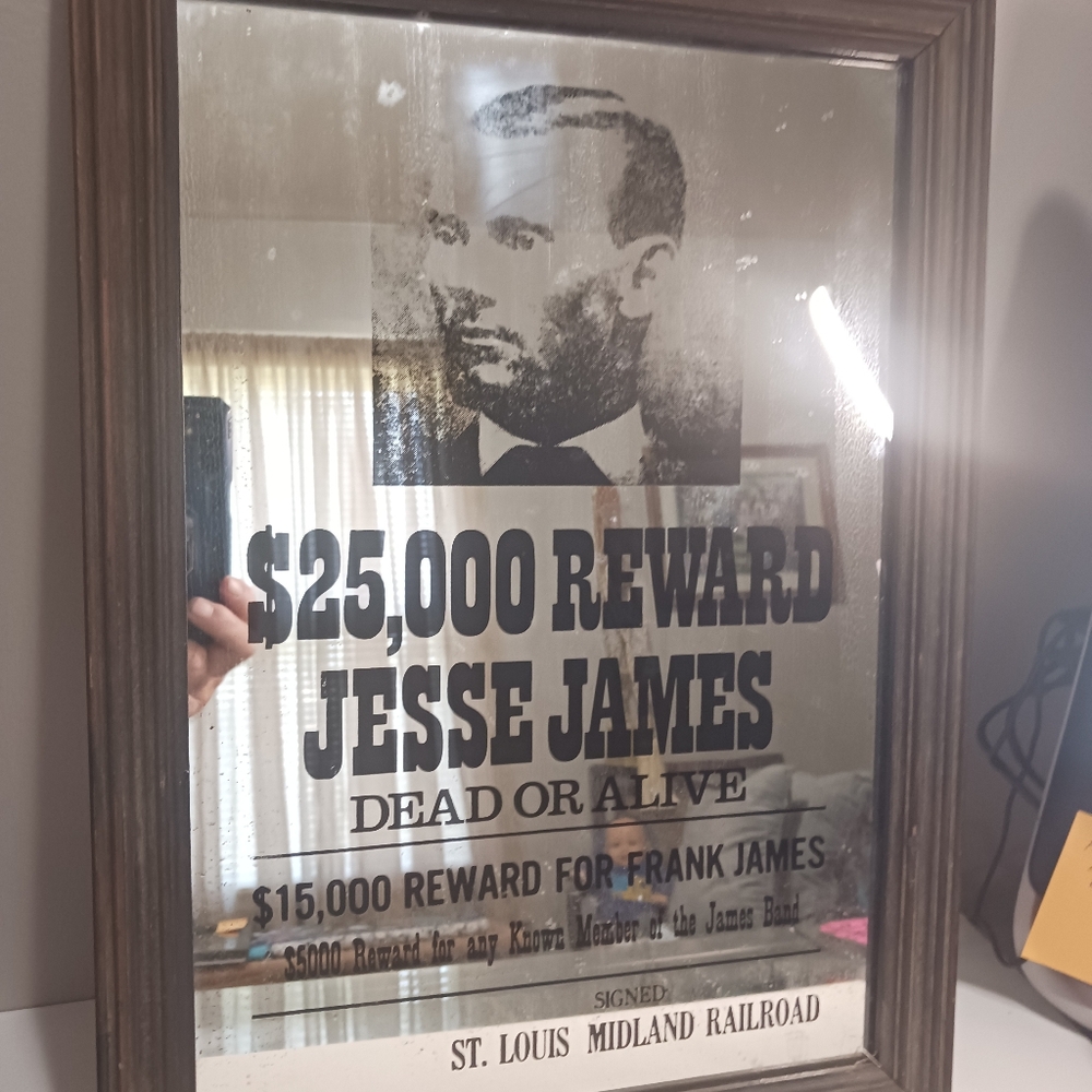 Rare vintage Jesse James wanted poster reward mirror